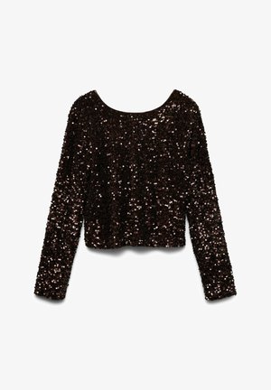 Rudas ilgomis rankovėmis viršus, padengtas blizgančiomis sekomis, su apvalia iškirpte ir trumpu modeliu, kuris demonstruoja blizgantį tekstūros visumą.