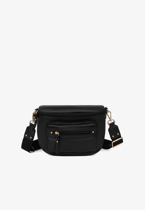 Borsa a tracolla nera in pelle con una texture liscia. Presenta dettagli in metallo dorato, un compartimento principale con zip e una tasca anteriore.