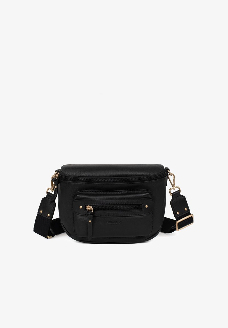 Borsa a tracolla nera in pelle con una texture liscia. Presenta dettagli in metallo dorato, un compartimento principale con zip e una tasca anteriore.