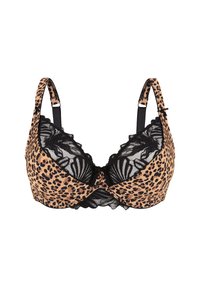 Soutien-gorge en imprimé léopard dans des tons beige et noir, avec une bordure en dentelle sur les bonnets et des bretelles ajustables, présentant un détail de design à bord festonné.