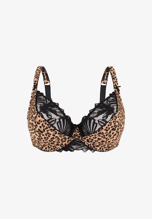 Soutien-gorge en imprimé léopard dans des tons beige et noir, avec une bordure en dentelle sur les bonnets et des bretelles ajustables, présentant un détail de design à bord festonné.