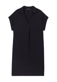 Abito nero a maniche corte con colletto, caratterizzato da un collo a V e una linea dritta. Realizzato in un tessuto liscio con una leggera texture.