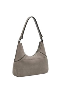 Grijze suède schoudertas met een gebogen vorm, accentstiksels en een ritssluiting. Voorzien van een contrasterende leren schouderriem.