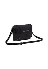 Borsa a tracolla nera con una texture liscia, dotata di chiusura zip, tracolla regolabile e sottili riflessi. Logo VAUDE visibile.