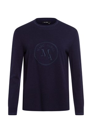 Dunkelblaues Strickpullover mit Rundhalsausschnitt und langen Ärmeln. Besitzt ein gesticktes, rundes Logo in passender Farbe auf der Vorderseite.
