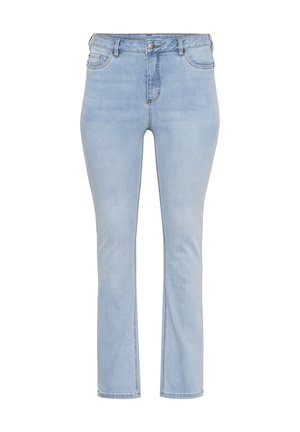 Jeans din denim de culoare albastru deschis, cu croială dreaptă, talie înaltă, buzunare frontale și detalii de cusătură subtile. Textură netedă și design clasic.