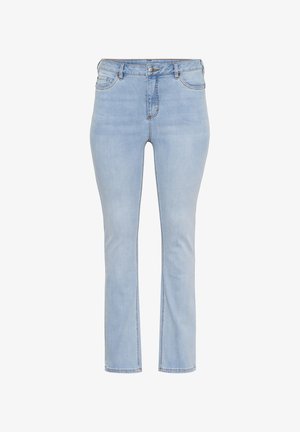 Jeans in denim azzurro chiaro con vestibilità dritta, vita alta, tasche frontali e dettagli di cucitura sottili. Texture liscia e design classico.