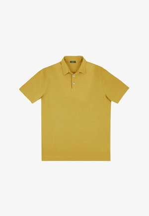 Korte mouwen polo shirt in een effen mosterdgele kleur, gemaakt van een zachte stof. Heeft een klassieke kraag en een twee-knopen sluiting.