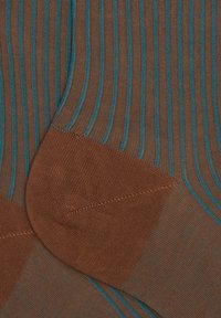 Calzini marroni con sottili strisce turchesi, caratterizzati da una texture liscia e una punta rinforzata. Il design è senza cuciture e omogeneo.