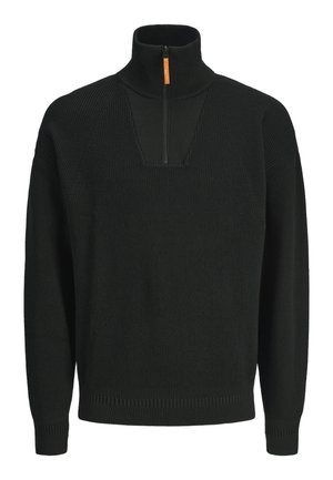 Schwarzer, gestrickter Pullover mit hohem Kragen, halbem Reißverschluss vorne, strukturiertem Stoff und gerippten Bündchen und Saum. Lässiger Stil mit Raglanärmeln.