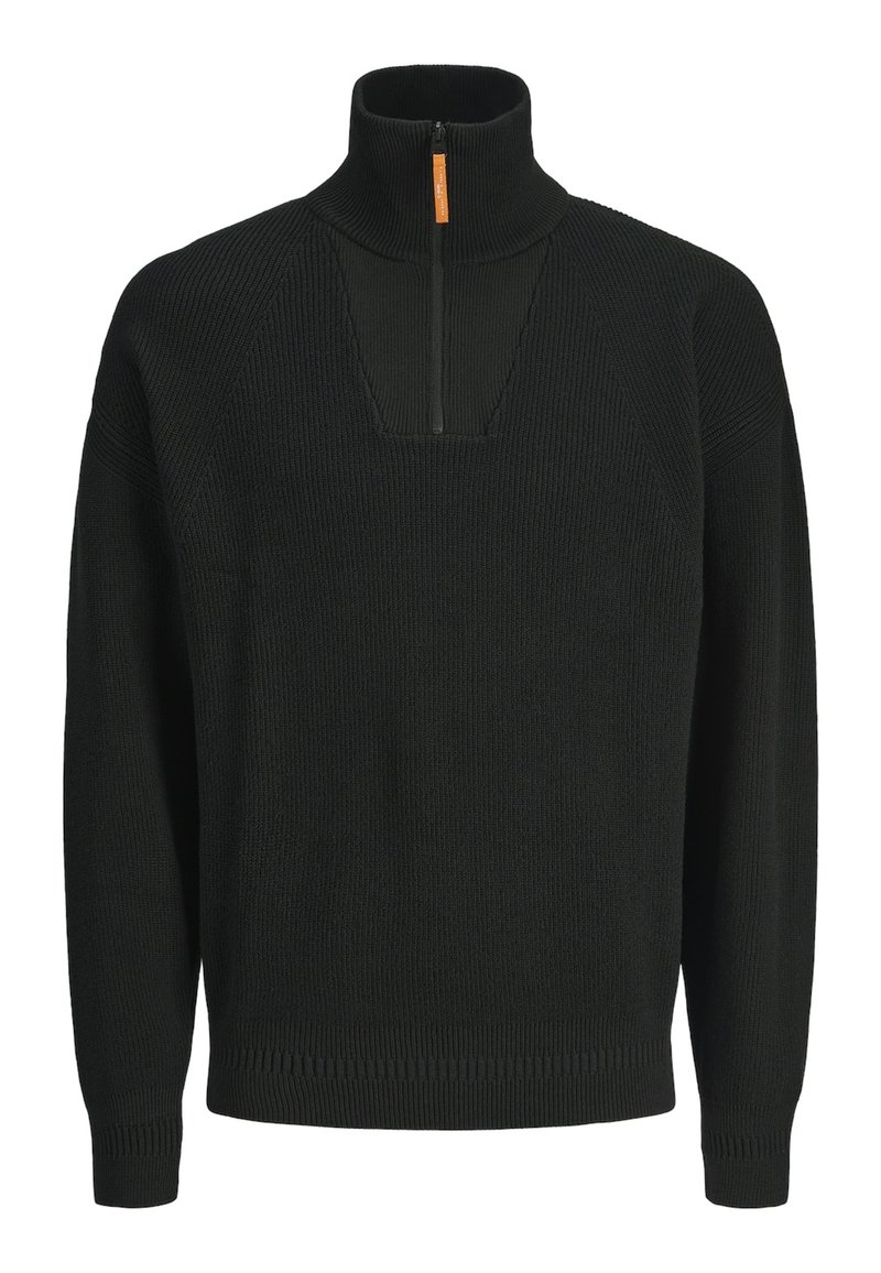 Pull noir en tricot avec un col montant, fermeture éclair frontale mi-haute, tissu texturé et poignets et ourlet côtelés. Style décontracté avec des manches raglan.