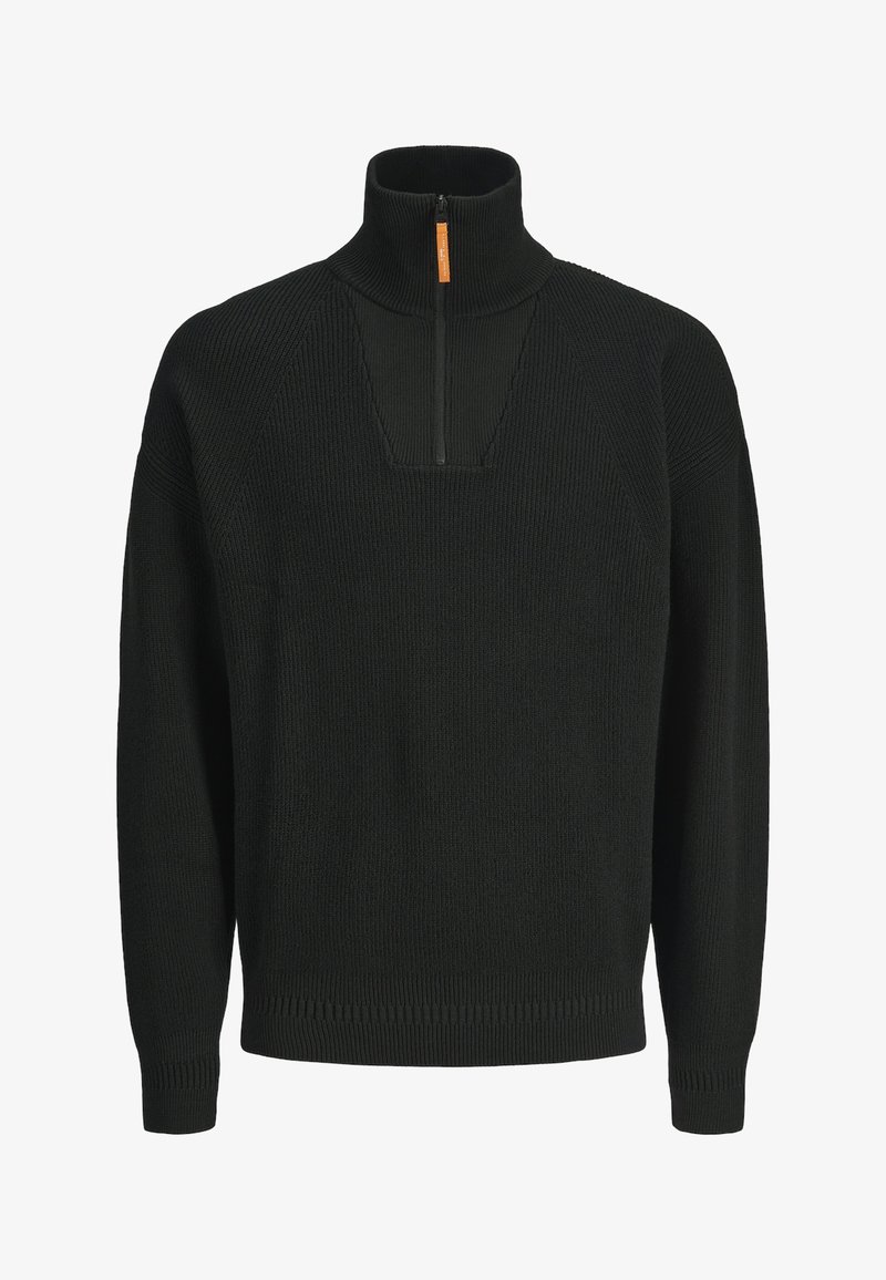 Pull noir en tricot avec un col montant, fermeture éclair frontale mi-haute, tissu texturé et poignets et ourlet côtelés. Style décontracté avec des manches raglan.