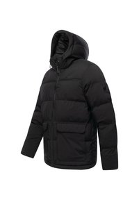 Giacca a vento nera con cappuccio, chiusura con zip, due tasche frontali, design trapuntato e polsini elasticizzati. Texture morbida con una finitura liscia.