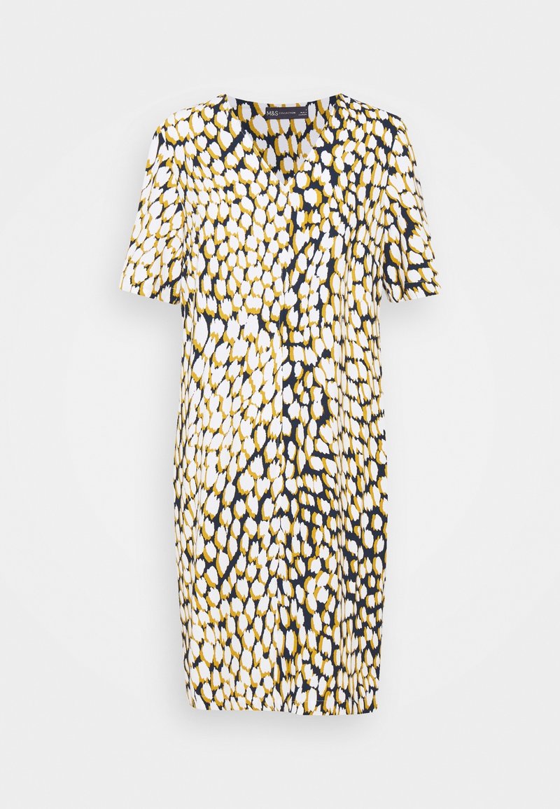 Robe à manches courtes avec un fond blanc orné d'un motif abstrait jaune et noir, encolure en V et coupe décontractée.