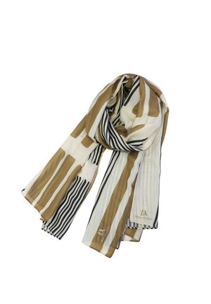 Pañuelo ligero con franjas anchas alternas en color tostado y blanco, franjas estrechas en negro y blanco, y logotipo "Don Algodón" en los extremos.