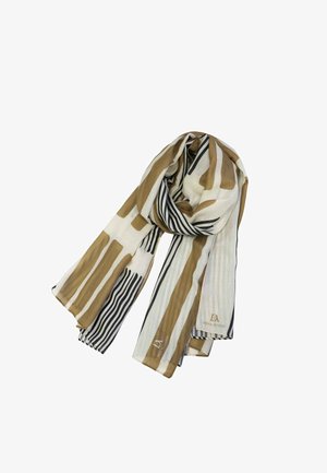 Pañuelo ligero con franjas anchas alternas en color tostado y blanco, franjas estrechas en negro y blanco, y logotipo "Don Algodón" en los extremos.