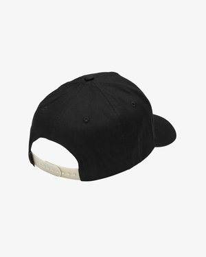 Casquette de baseball noire avec une visière courbée, fabriquée en tissu, dotée d'une sangle ajustable en plastique à l'arrière et de détails de couture.