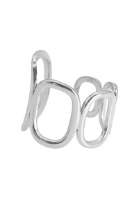 Silberner Metallring mit verschlungenen, abstrakten Formen; verfügt über glatte Oberflächen und ein poliertes Finish, das ein modernes, minimalistisches Design schafft.