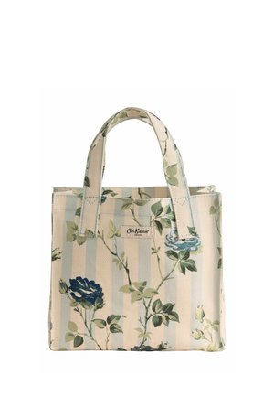 Small tote bag with cream and light blue vertical stripes, decorated with blue and green floral patterns and two handles.