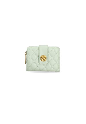 Gequilted mintgroene leren portemonnee met een gouden ronde sluiting, voorzien van een ritssluiting en een gladde textuur. Compact rechthoekige vorm.