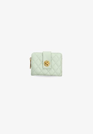 Quilted mint green leather wallet with a gold circular clasp, featuring a zip closure and smooth texture. Compact rectangular shape.