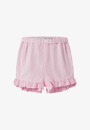 Różowe bawełniane szorty o miękkiej fakturze, z falbaną u dołu ozdobioną koronką z dziurkami. Elastyczny pasek w talii umożliwiający regulację rozmiaru.