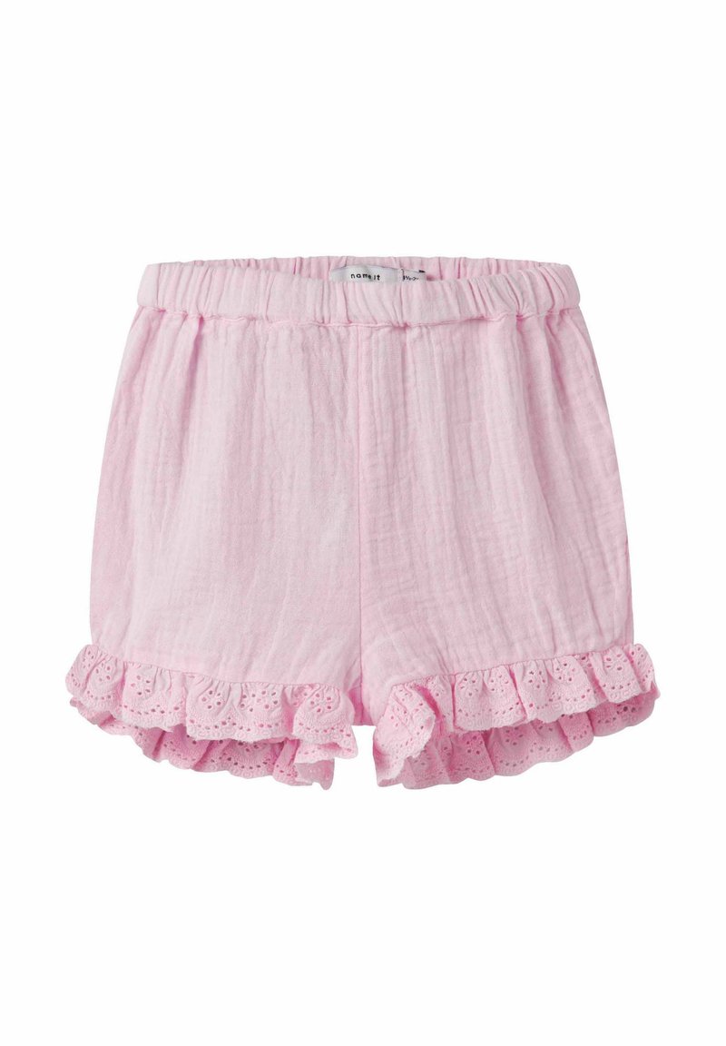 Pantalones cortos de algodón rosa con una textura suave, presentando un dobladillo con volantes adornado con encaje de ojales. Cintura elástica para un ajuste ajustable.