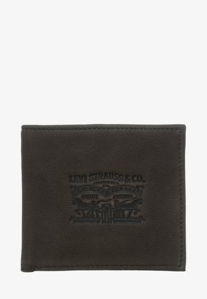 Black leather wallet with embossed "Levi Strauss & Co." logo. Features smooth texture and stitched edges. Compact, bi-fold design.