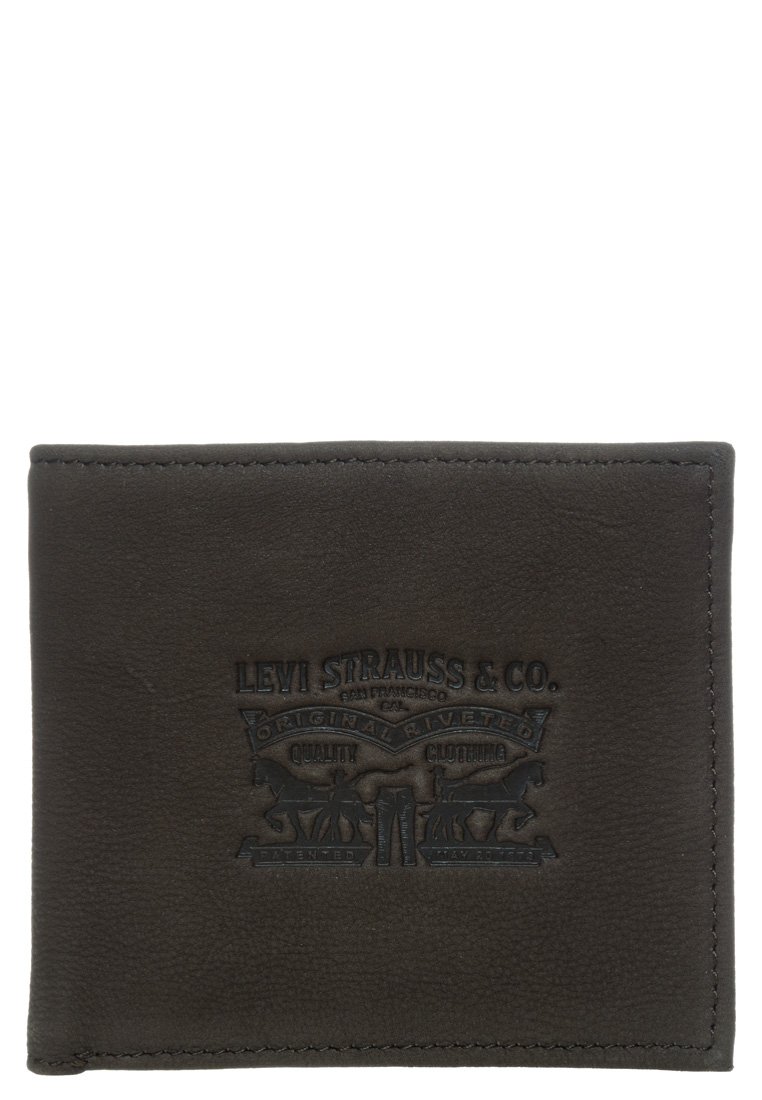 Sort læderpunge med præget "Levi Strauss & Co." logo. Funktioner en glat overflade og syede kanter. Kompakt, bi-fold design.