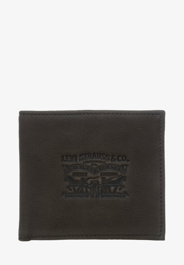 Black leather wallet with embossed "Levi Strauss & Co." logo. Features smooth texture and stitched edges. Compact, bi-fold design.