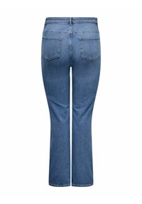 Jean flare en denim bleu avec une taille mi-haute, deux poches arrière, et une texture lisse, dotée d'un design classique à cinq poches.