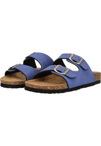 Blaue Leder-Sandalen mit zwei verstellbaren Riemen, silbernen Schnallen, Korkfußbett und schwarzem Gummiprofil. Entwickelt für lässige Trageanlässe.