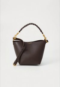 Bruine leren handtas met taps toelopende vorm, gouden beslag en een gevlochten handvat. Inclusief een afneembare riem voor veelzijdigheid.