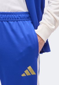 Άτομο που φοράει μπλε παντελόνια Adidas με χρυσό λογότυπο, χέρι στην τσέπη και ορατό λευκό μακρυμάνικο πάνω μέρος.