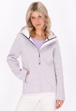 Giacca viola chiaro con zip e cappuccio bianco, dotata di tasche frontali e dettagli con cordoncino. Tessuto testurizzato con un design rilassato.