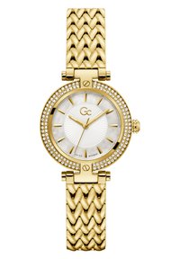 Gold wristwatch with a woven strap, round case, and crystal bezel. White dial features gold hands and markers, with a textured design.