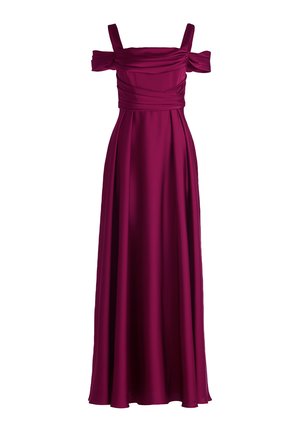 Purple off-the-shoulder maxi dress with ruched bodice, wide shoulder straps, and flowing skirt made of smooth, shiny fabric.