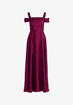 Robe maxi violette sans épaules avec un corsage froncé, de larges bretelles et une jupe fluide en tissu lisse et brillant.