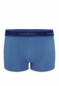 Niebieskie bawełniane bokserki z granatowym paskiem w talii z napisem "stoki i miasto". Gładka faktura i dopasowany krój.