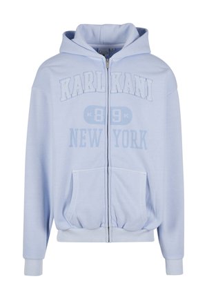 Light blue zip-up hoodie with "KARL KANI 89 NEW YORK" text, front pockets, elastic hem, and hood.