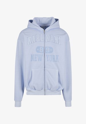 Light blue zip-up hoodie with "KARL KANI 89 NEW YORK" text, front pockets, elastic hem, and hood.