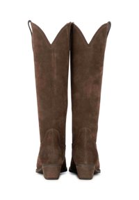 Botas vaqueras de ante marrón con un upper puntiagudo y bordes ondulados, tacón de madera y sutiles detalles de costura. Diseño elegante y estructurado.
