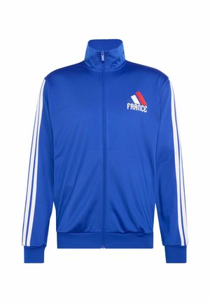 Blue zip-up sports jacket with white stripes on sleeves, small France logo in red, white, and blue on left chest.