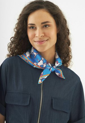 Vrouw met kroeshaar die een donker vest met rits draagt en een blauw sjaaltje met patroon om haar hals gebonden heeft, licht glimlachend.