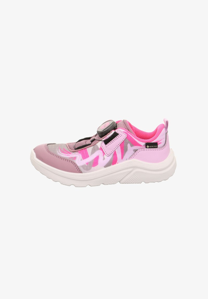 Leichte Sneaker mit einem pinken und grauen Camouflage-Muster, Obermaterial aus Mesh und Gummisohle. Mit einem Schnellzugverschluss und einer Zuglasche.