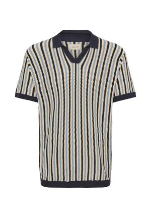 Strikket kortermet poloshirt med vertikale striper i marineblå, kremhvit og lyseblå. V-halsdesign med ensfarget marineblå krage og mansjetter.