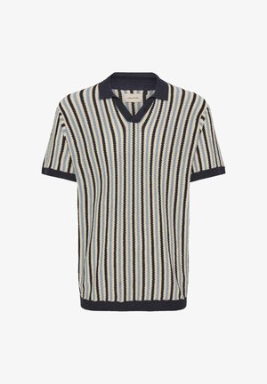 Strikket polo med korte ærmer med lodrette striber i marineblå, creme og lyseblå. V-udskæring med ensfarvet marineblå krave og manchetter.