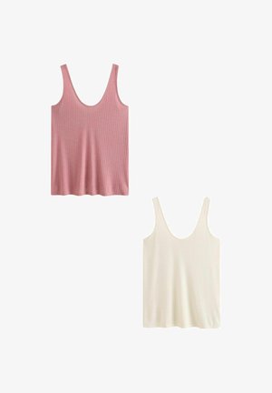 Twee tanktops: de ene in lichtroze, de andere in crème. Beide hebben een geribbeld textuur, brede bandjes en een ronde halslijn.