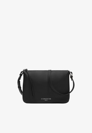 Schwarze Leder-Umhängetasche mit verstellbarem Riemen, Reißverschluss und "LIEBESKIND BERLIN" Logo in der Mitte vorne.