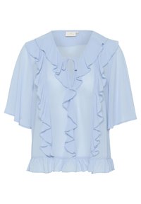 Jasnoniebieska bluzka z falbanami wzdłuż dekoltu, rękawów i krawędzi. Wykonana z miękkiego, lekkiego materiału. Posiada detal wiązania przy szyi.